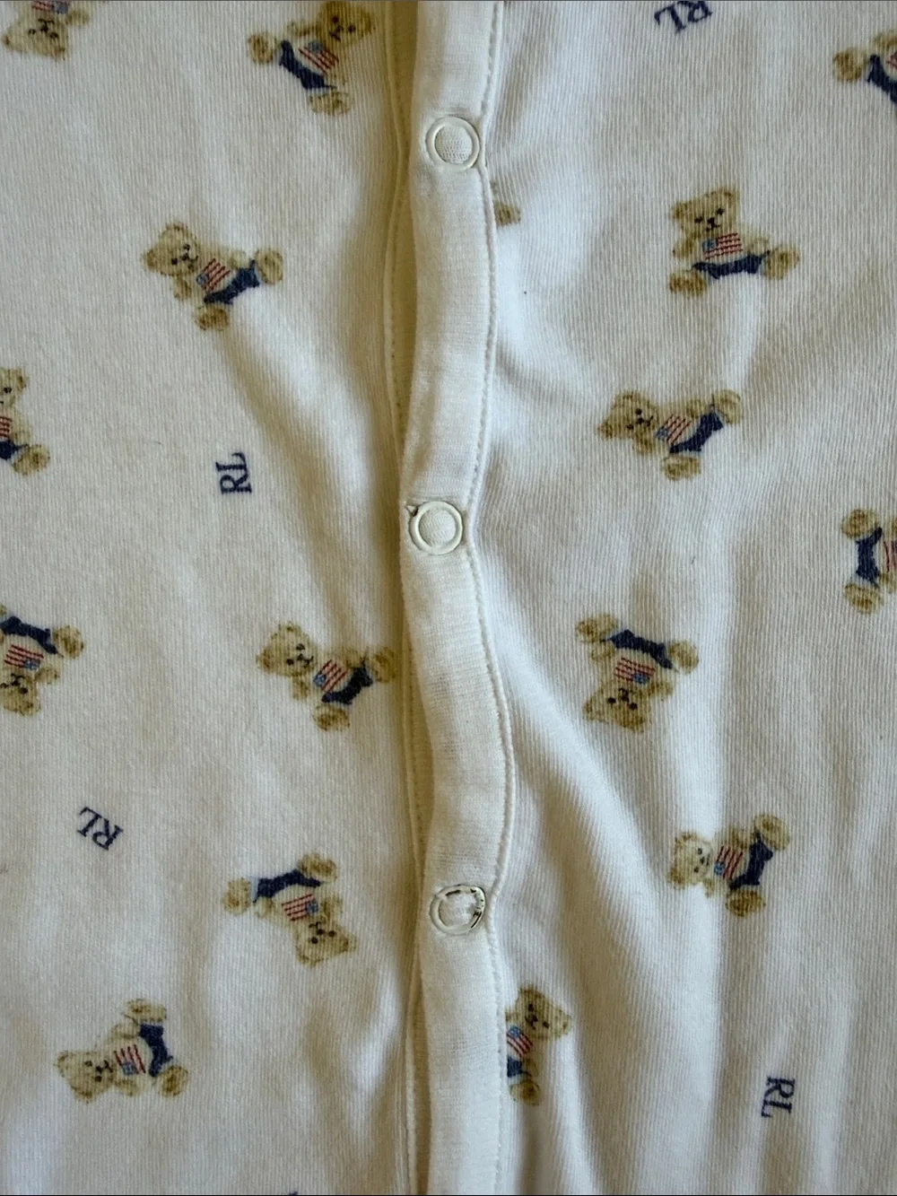 Ralph Lauren Cream Baby Footed Pajamas and Hat Set with American Bear Print